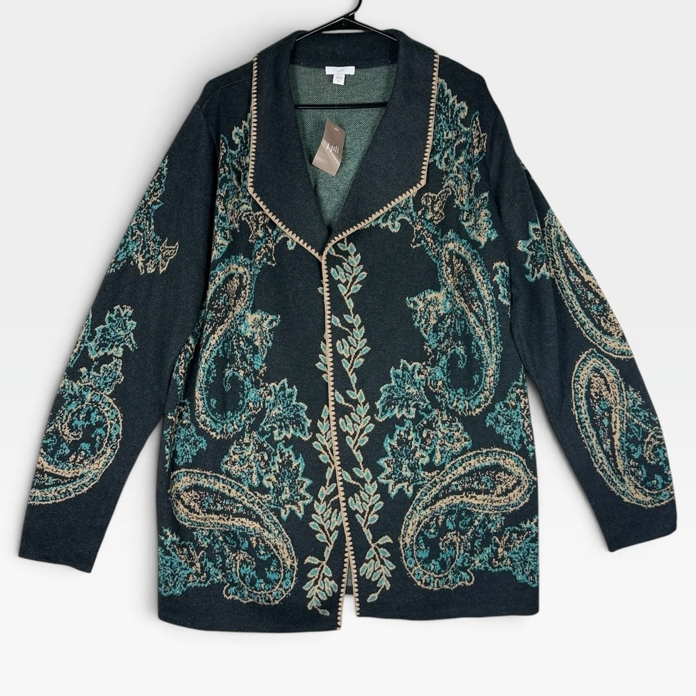 J. Jill Paisley Jacquard Cardigan Sweater Womens LT Teal Blanket Stitch NWT
